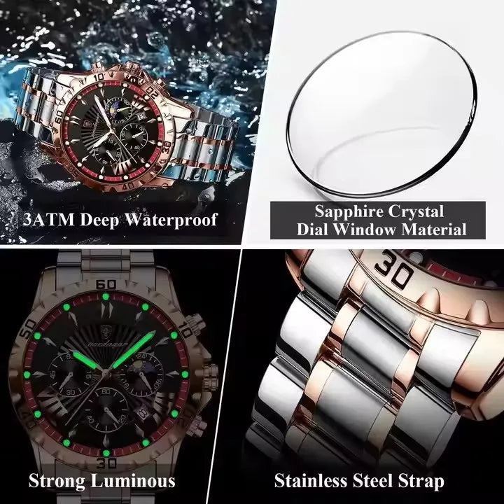 POEDAGAR 968 Sports Watch Men Quartz Waterproof Luminous Date Chronograph Men's Watches Stainless Steel Man Watch Male Clock
