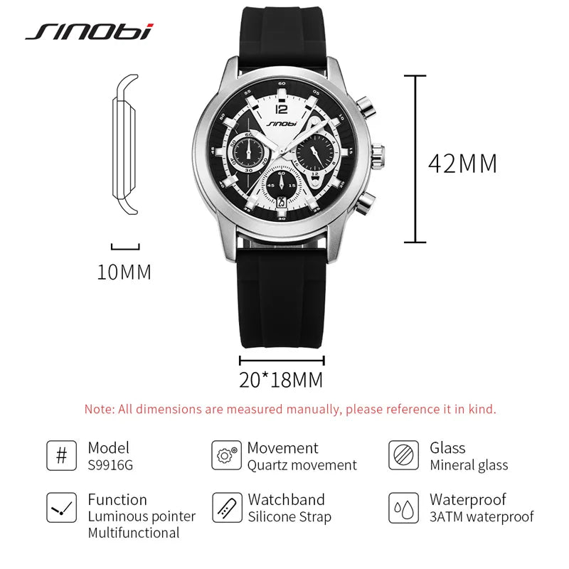 SINOBI Luxury Watch for Men Waterproof Luminous Date Chronograph Man Watch Sport Quartz Silicone Men's Watches With Box