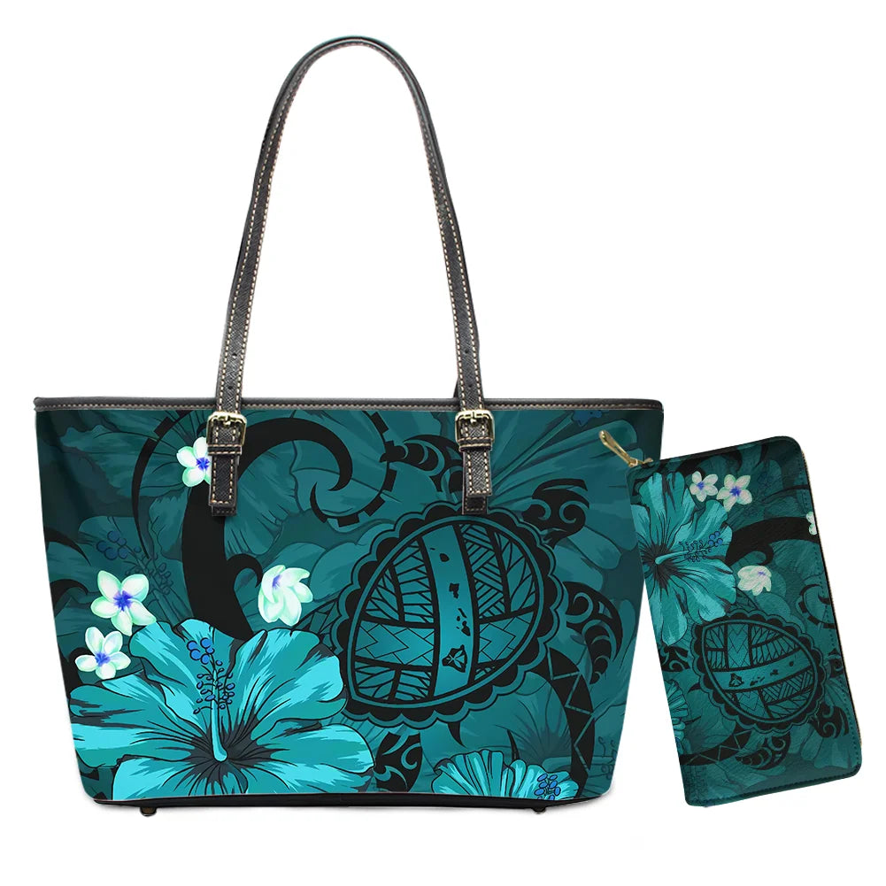 Hawaiian Flower Polynesian Design Print Women Handbags and Purses Set Customized Large Leather Tote Matching Long Zipper Wallet
