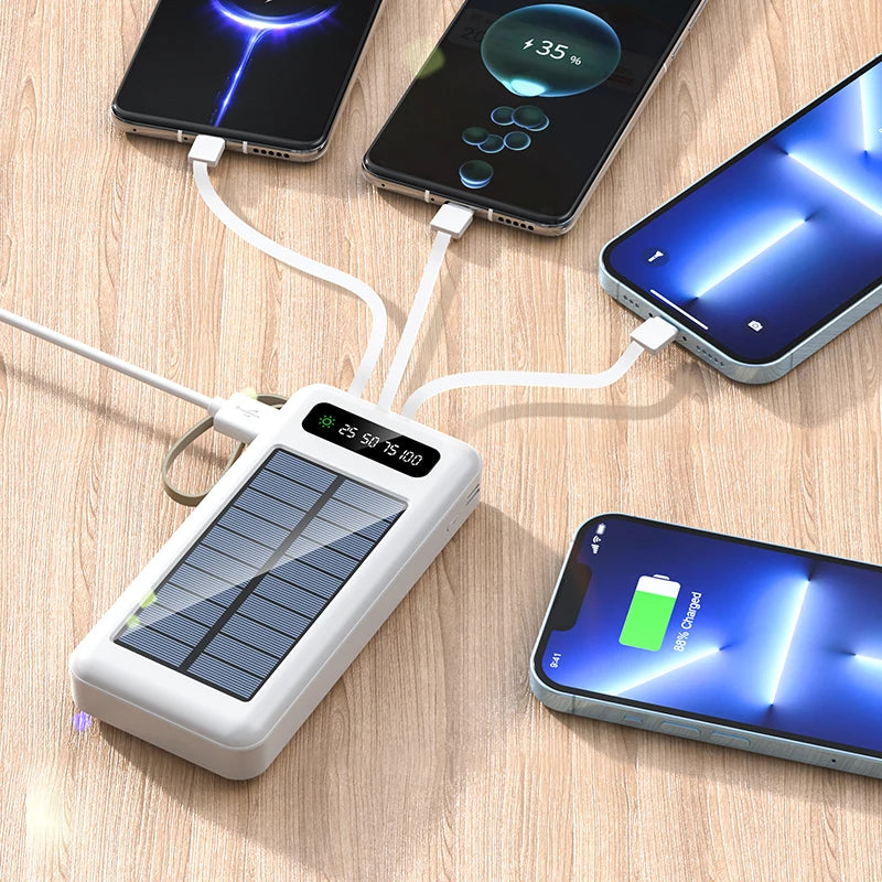 Lanyard Design Comes with Mobile Phone Holder 2USB Output 1 to 4 Output Charging Cable 30000mah Solar Power Bank