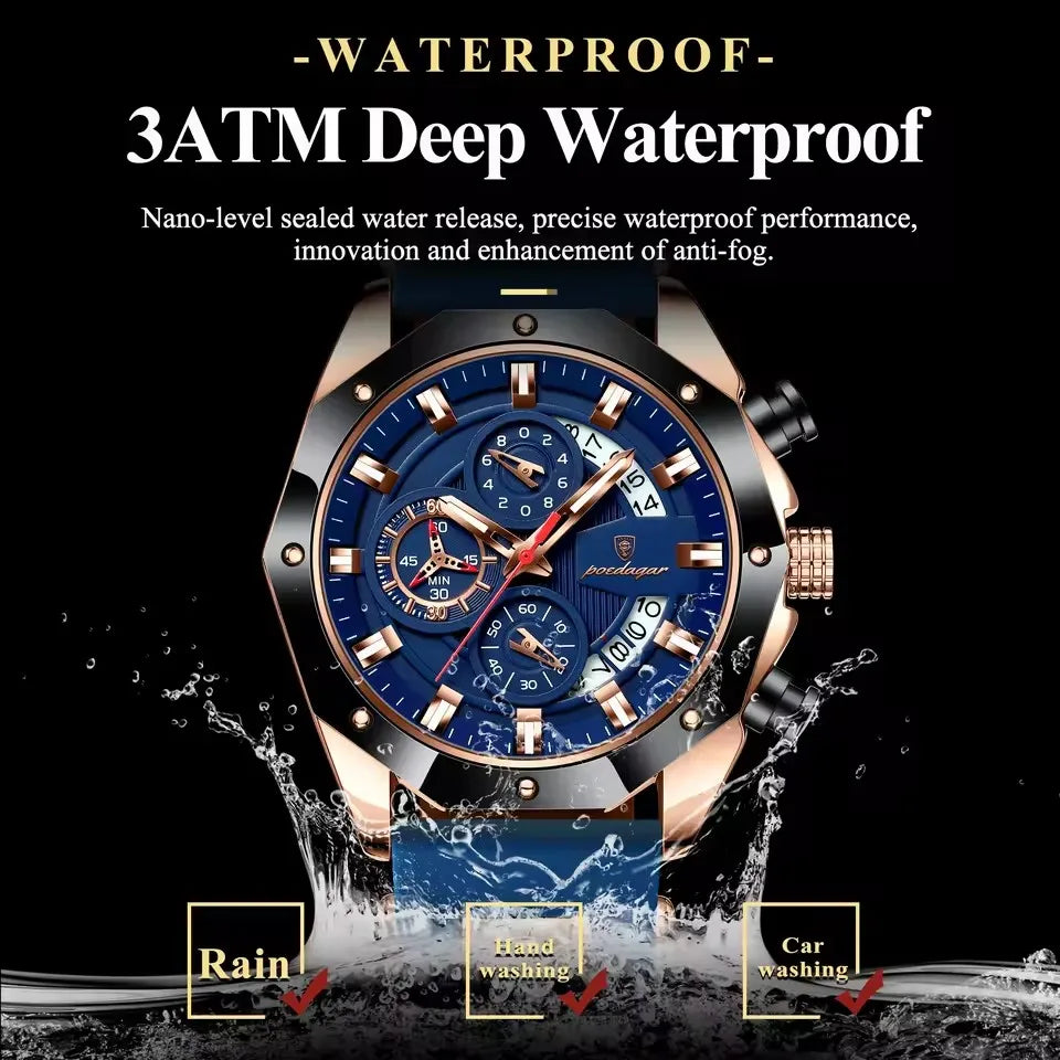 POEDAGAR 913 New Luxury Men Watch Waterproof Luminous Date Sport Man Wristwatch Chronograph Silicone Strap Quartz Men's Watches