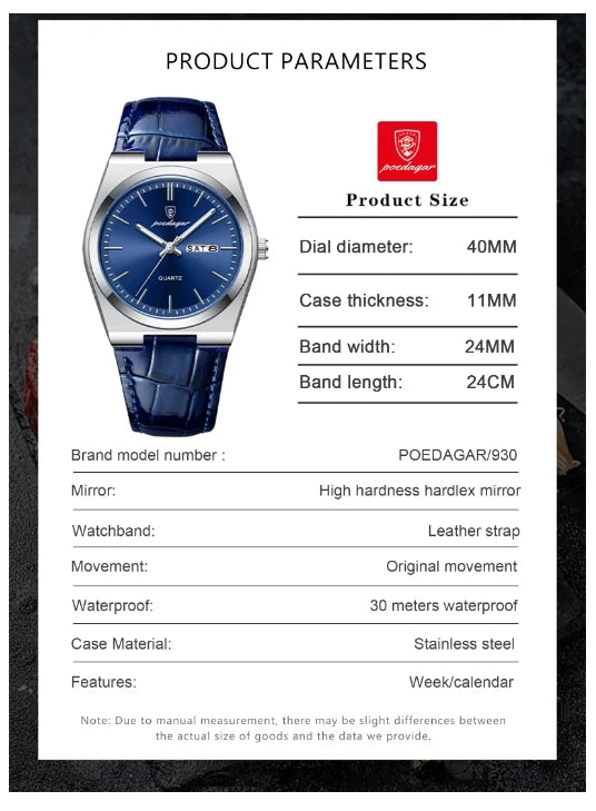 Poedagar 930 Fashion Casual Men's Watches Leather Strap Luxury Waterproof New Business Quartz Wrist Watch for Men Montre Relojes