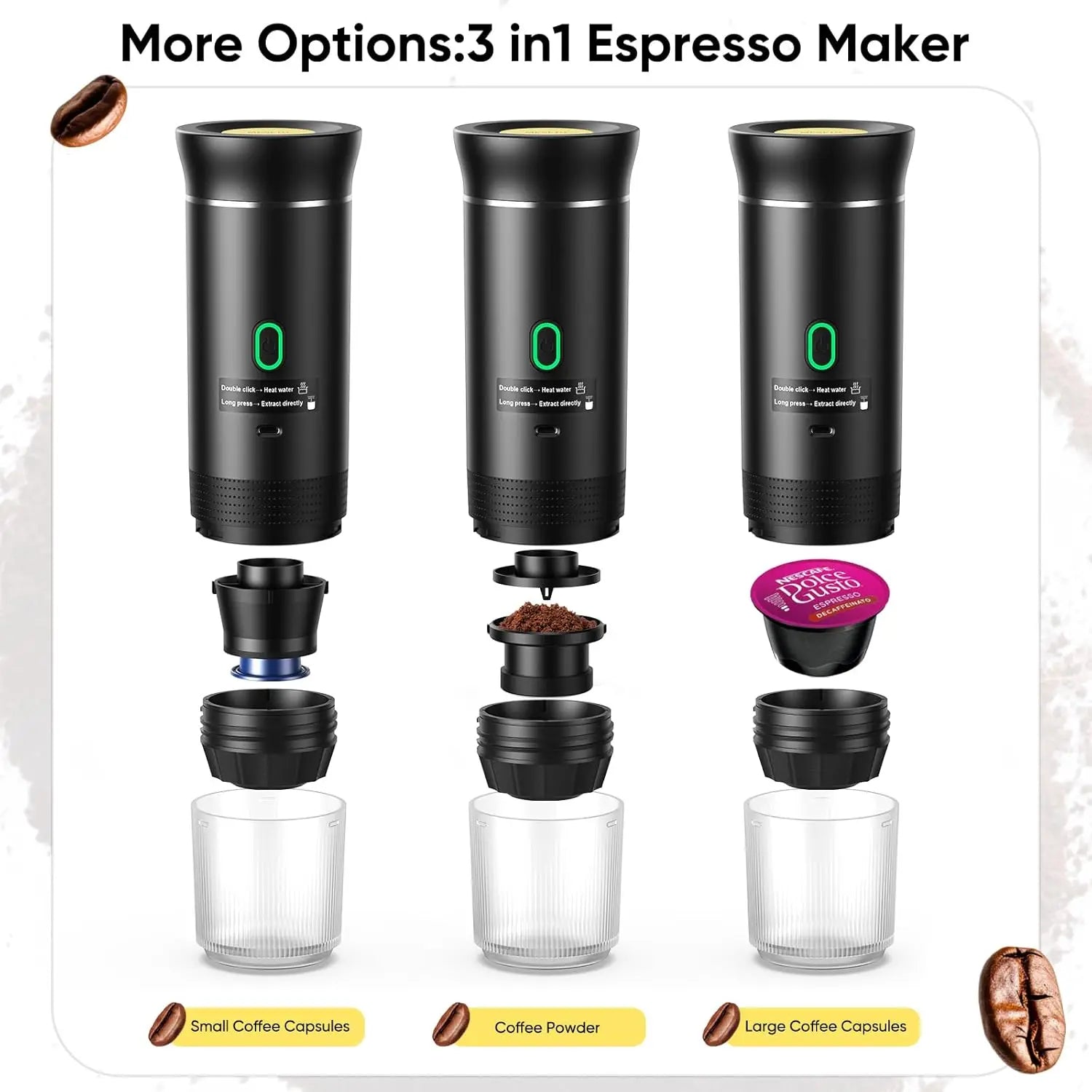 Hot Cold Automatic Coffee Maker with Brew System Portable for Car Use Spanish Language Support Ground Coffee Capsule Compatible
