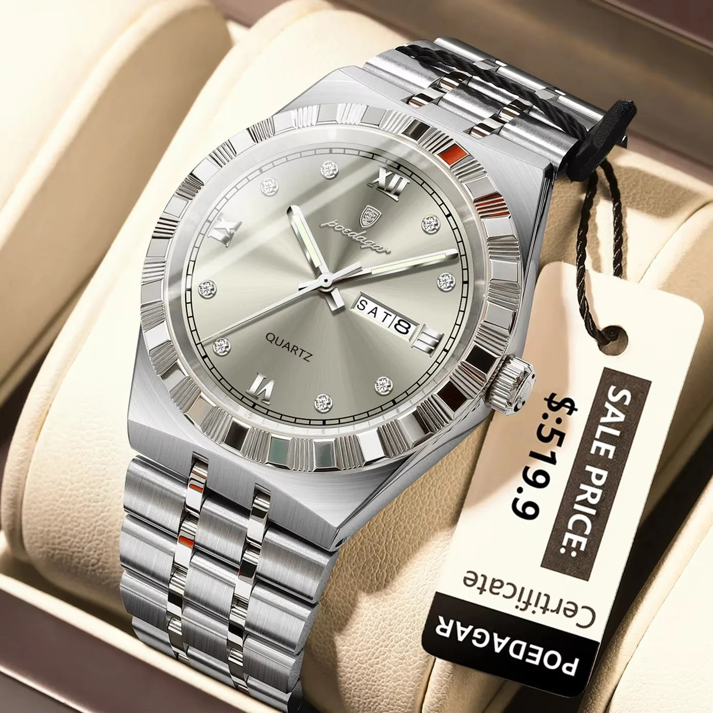 POEDAGAR 872 Week Date Watch Men Life Waterproof Original Diamond Wristwatch Quartz Reloj Luminous Stainless Steel Men's Watches