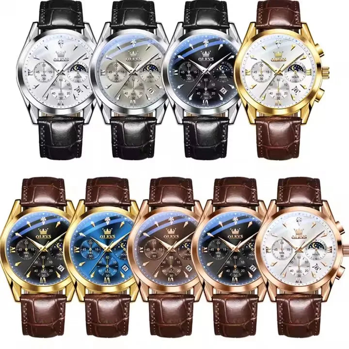 OLEVS New TOP Luxury 3609 Band Wristwatch Men Leather Strap Watch Men Auto Date Chronograph Moon Phase Waterproof Men's Watches