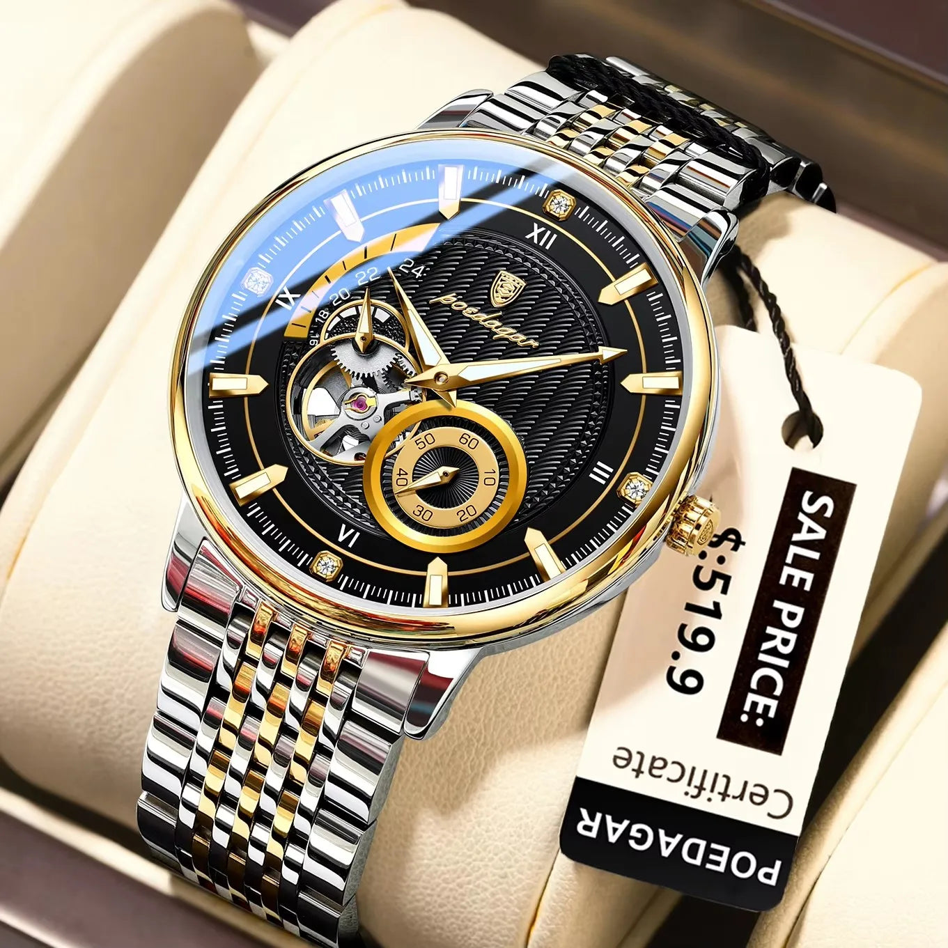 POEDAGAR 1416 Top Luxury Men Luminous Hollow Tourbillon Automatic Man Wristwatch Mechanical Stainless Steel Men's Watches Reloj