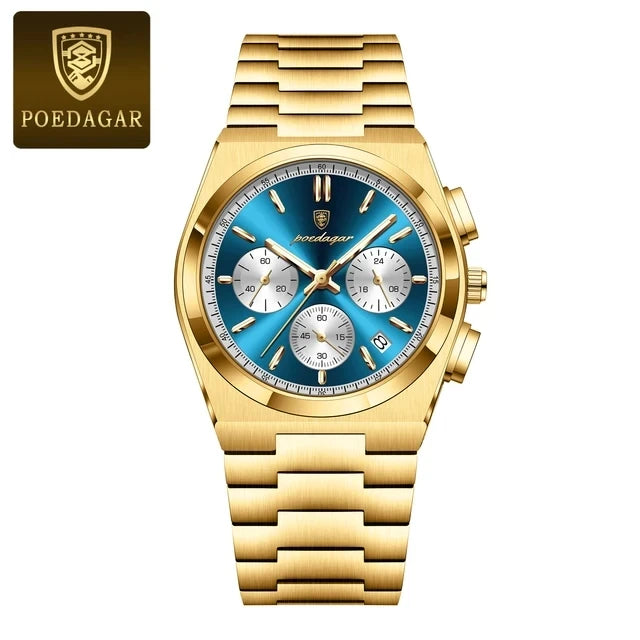 POEDAGAR 970 New Luxury Man Quartz Watch Sport Watch for Men Waterproof Luminous Date Chronograph Stainless Steel Men's Watches