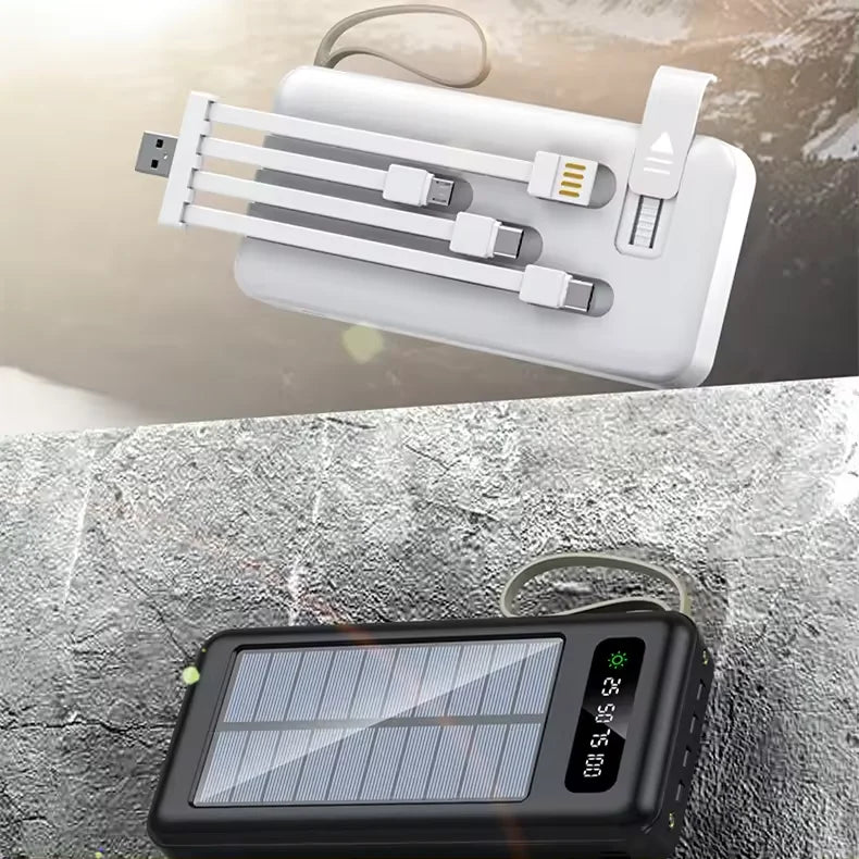 Lanyard Design Comes with Mobile Phone Holder 2USB Output 1 to 4 Output Charging Cable 30000mah Solar Power Bank