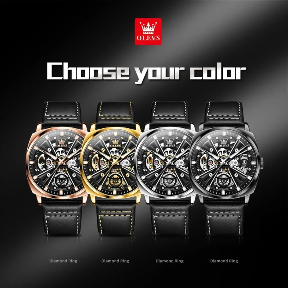 2024 OLEVS 6685 Automatic Men's Watches Hollow Out Style Automatic Mechanical Wristwatch Waterproof Luminous Leather Men's Watch