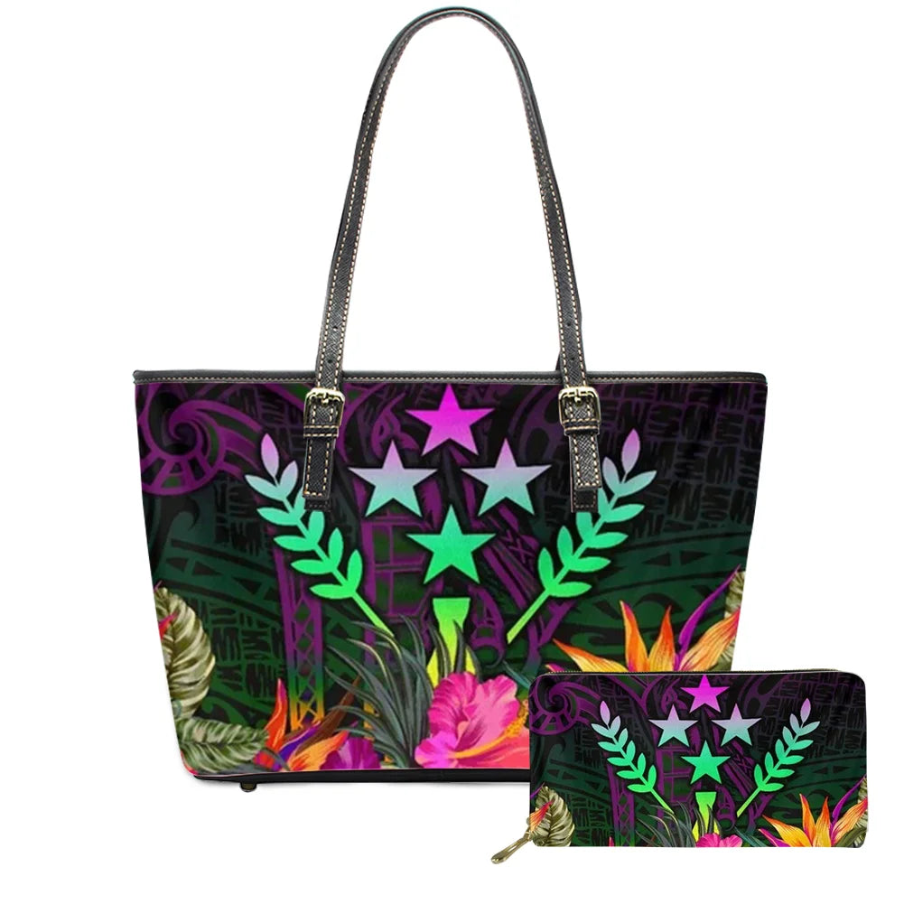 Hawaiian Flower Polynesian Design Print Women Handbags and Purses Set Customized Large Leather Tote Matching Long Zipper Wallet