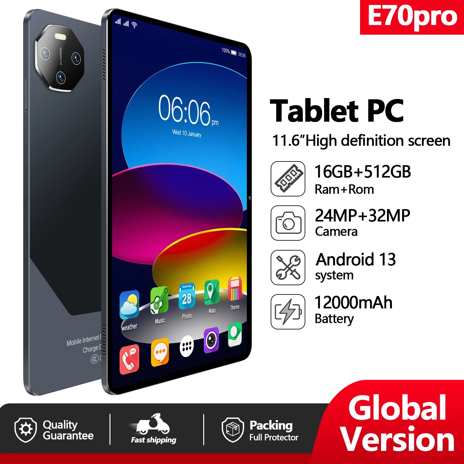 2025 NEW E70 Pro Tablet PC With 11.6-inch HD Screen 12000mAh Battery  MTK Octa Core CPU 16GB+512GB Storage  Android 13 System