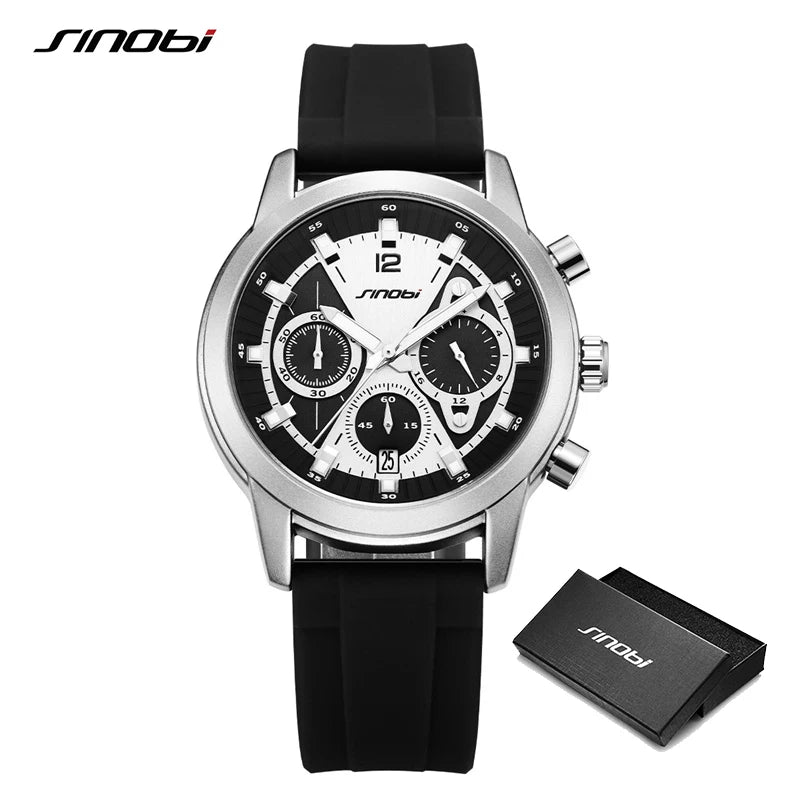SINOBI Luxury Watch for Men Waterproof Luminous Date Chronograph Man Watch Sport Quartz Silicone Men's Watches With Box