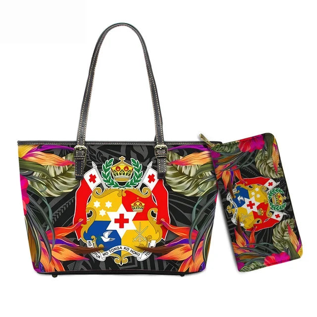 Hawaiian Flower Polynesian Design Print Women Handbags and Purses Set Customized Large Leather Tote Matching Long Zipper Wallet
