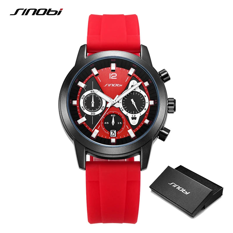SINOBI Luxury Watch for Men Waterproof Luminous Date Chronograph Man Watch Sport Quartz Silicone Men's Watches With Box