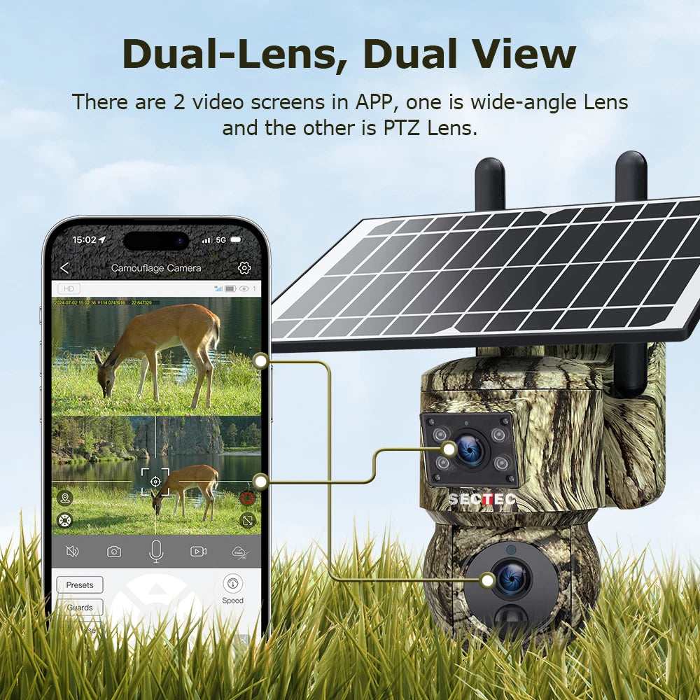 SECTEC 4G Camouflage 3K 6MP Dual Lens Dual View Solar Camera Solar Battery PTZ Camera GPS TravkingTrail Hunting Solar Camera