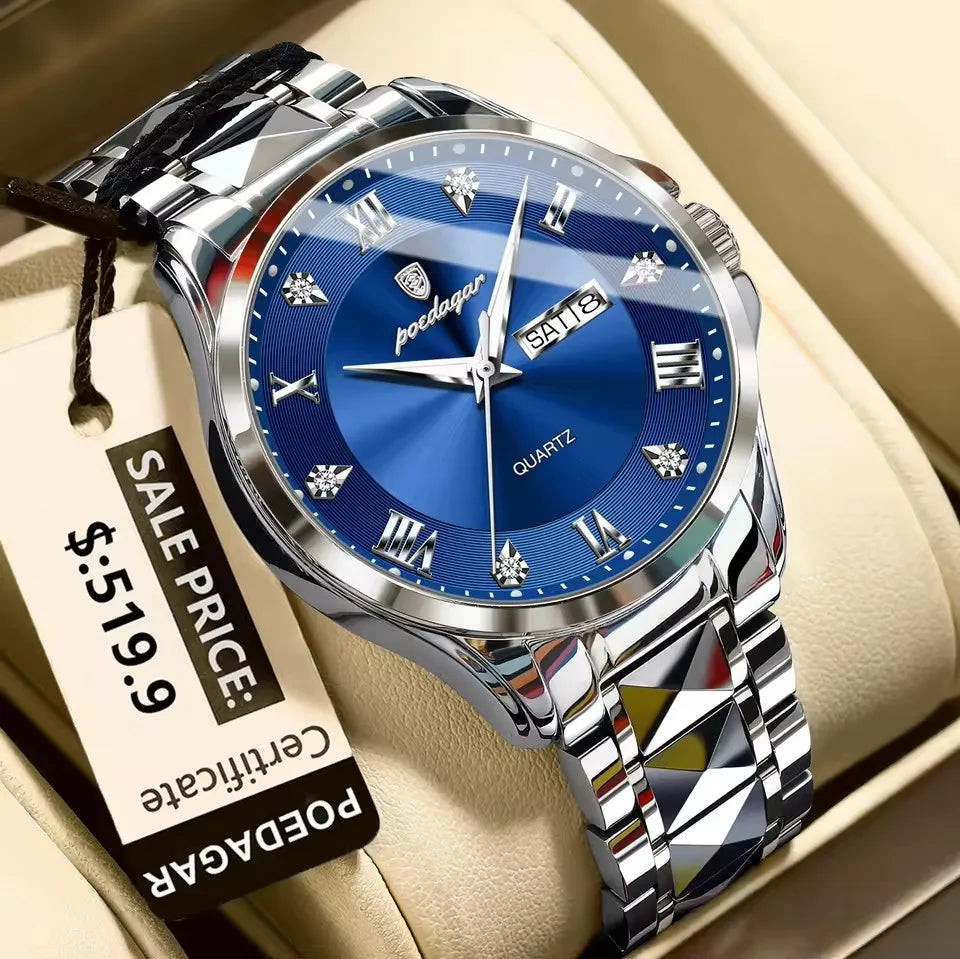 POEDAGAR 883 Stainless Steel Belt Quartz Men's Watches Male Reloj Fashion Men Clock Waterproof Luminous Date Week Man Wristwatch