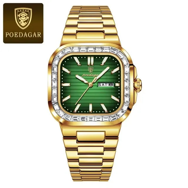 POEDAGAR Luxury Watch for Men Waterproof Luminous Date Week Man Wristwatch Stainless Steel Square Diamond Quartz Men's Watches