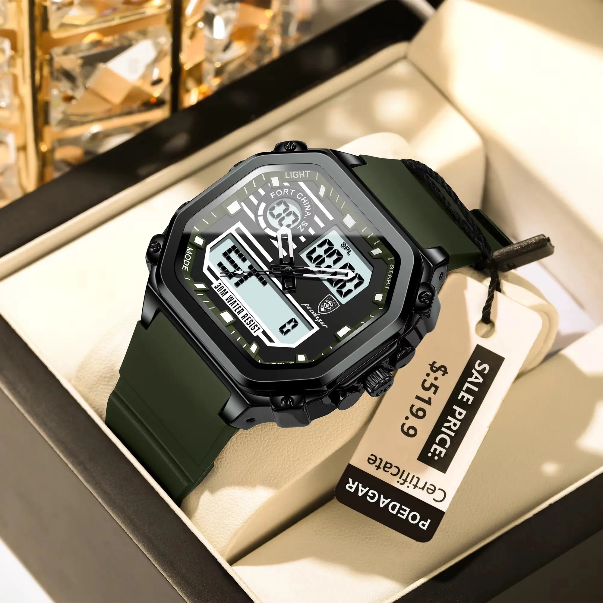 POEDAGAR 993 Luminous Week Date Square Wristwatch Sports LED Men Watch Waterproof Silicone Strap Electronic Quartz Men's Watches