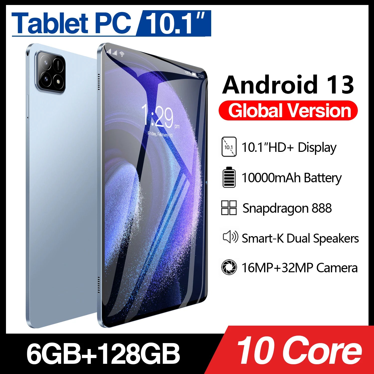 High Configuration 6GB+128GB Android 13.0 Sim Card Big Screen 10.1inches Tablet Pad 6s Business Gaming GPS 5G PC Tablets