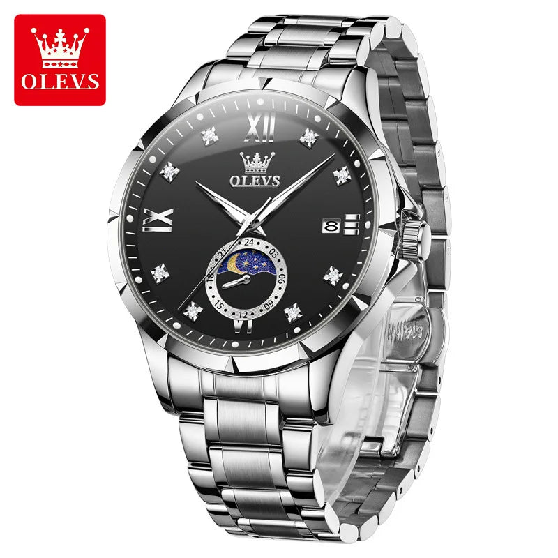 OLEVS 2956 Moon-Phase Wristwatch New Luxury Men's Watches Business Quartz Men Date Fashion Waterproof Stainless Steel Belt Watch
