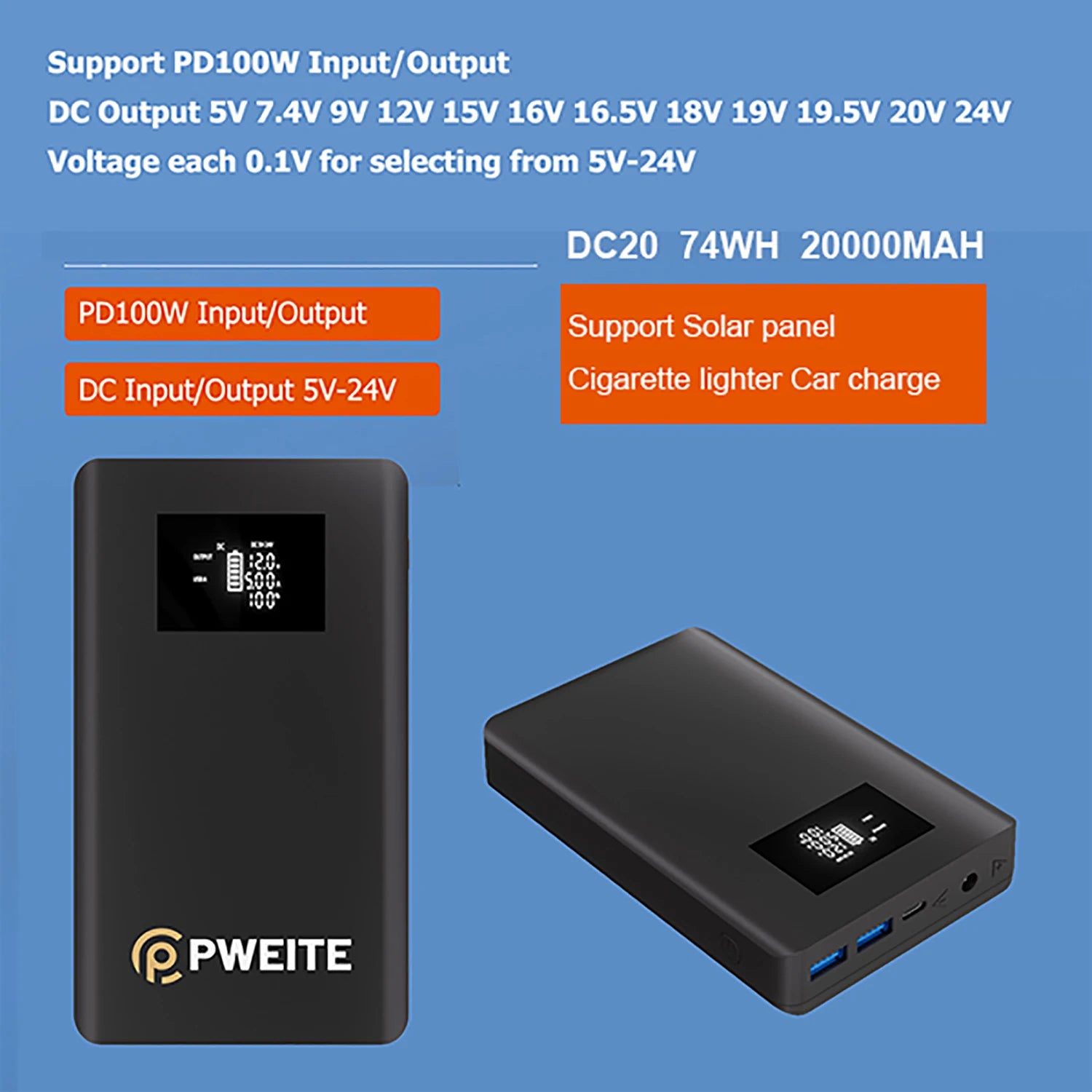 PD100W QC3.0 12V 15V 16V 19V 20V 24V 3A 4A 5A DC UPS 12V Solar Power Bank 20000mah Battery Pack for Camping Indoor Outdoor Use