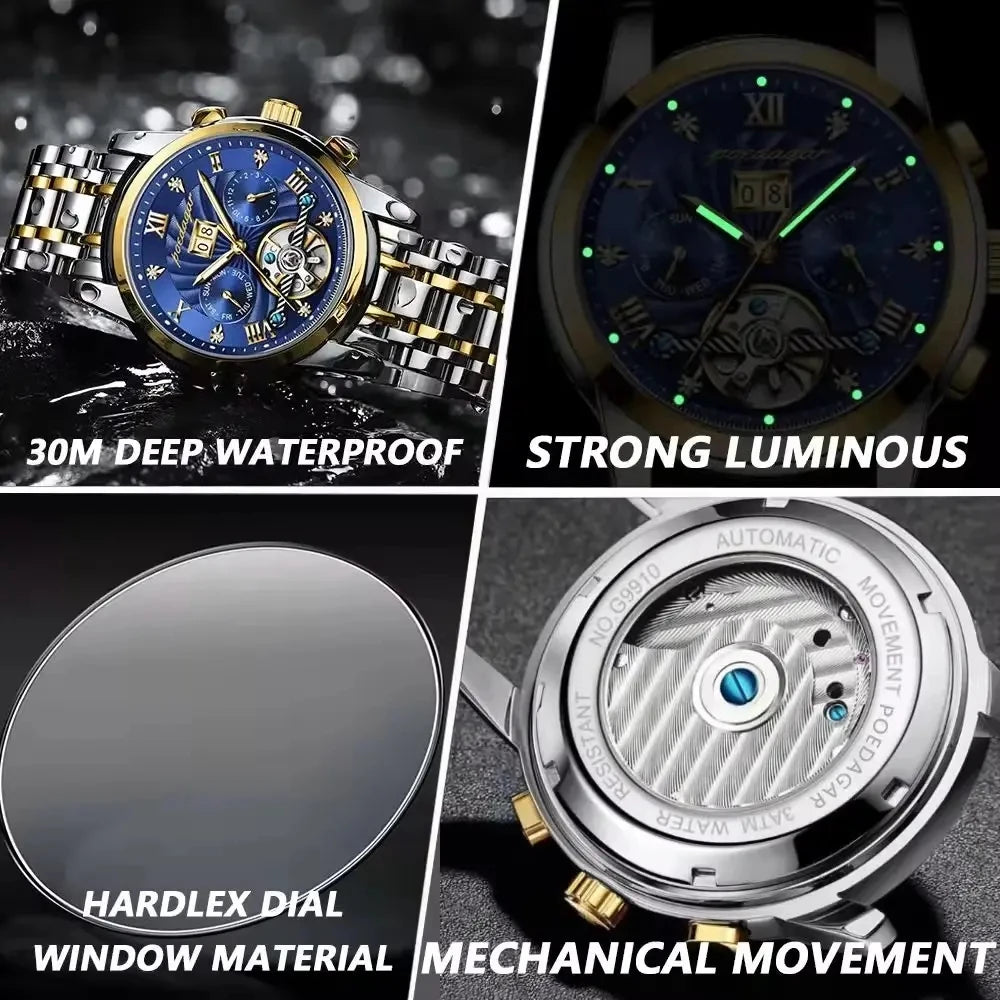 POEDAGAR 1408 Waterproof Date Stainless Steel Belt Men's Watches Luxury Hollow Tourbillon Automatic Mechanical Men Wrist Watch