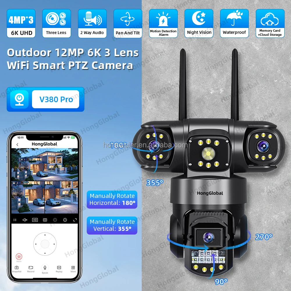 HongGlobal 12MP 6K V380 Pro Three Lenses Outdoor Smart PTZ CCTV 360 Camera Home IP WiFi Surveil Network Security Wireless Camera