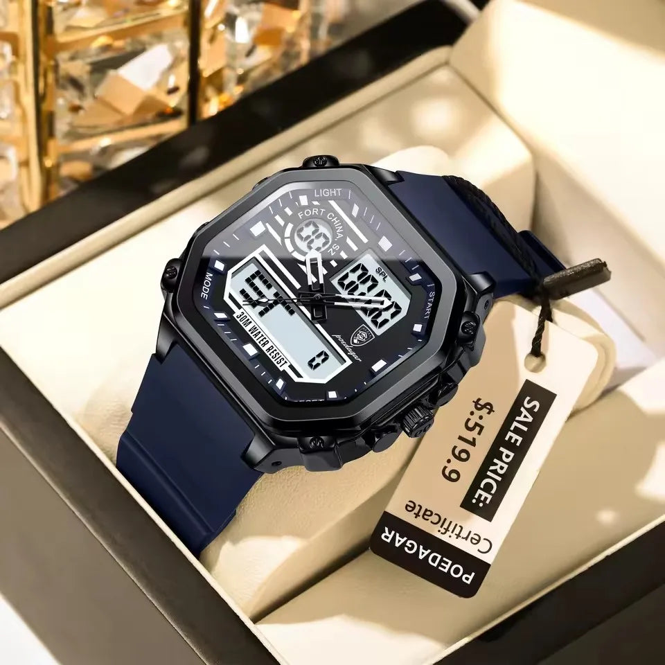 POEDAGAR New 993 LED Display Men's Watches Waterproof Silicone Chronograph Square Man Wristwatch  Men Digital Quartz Watch