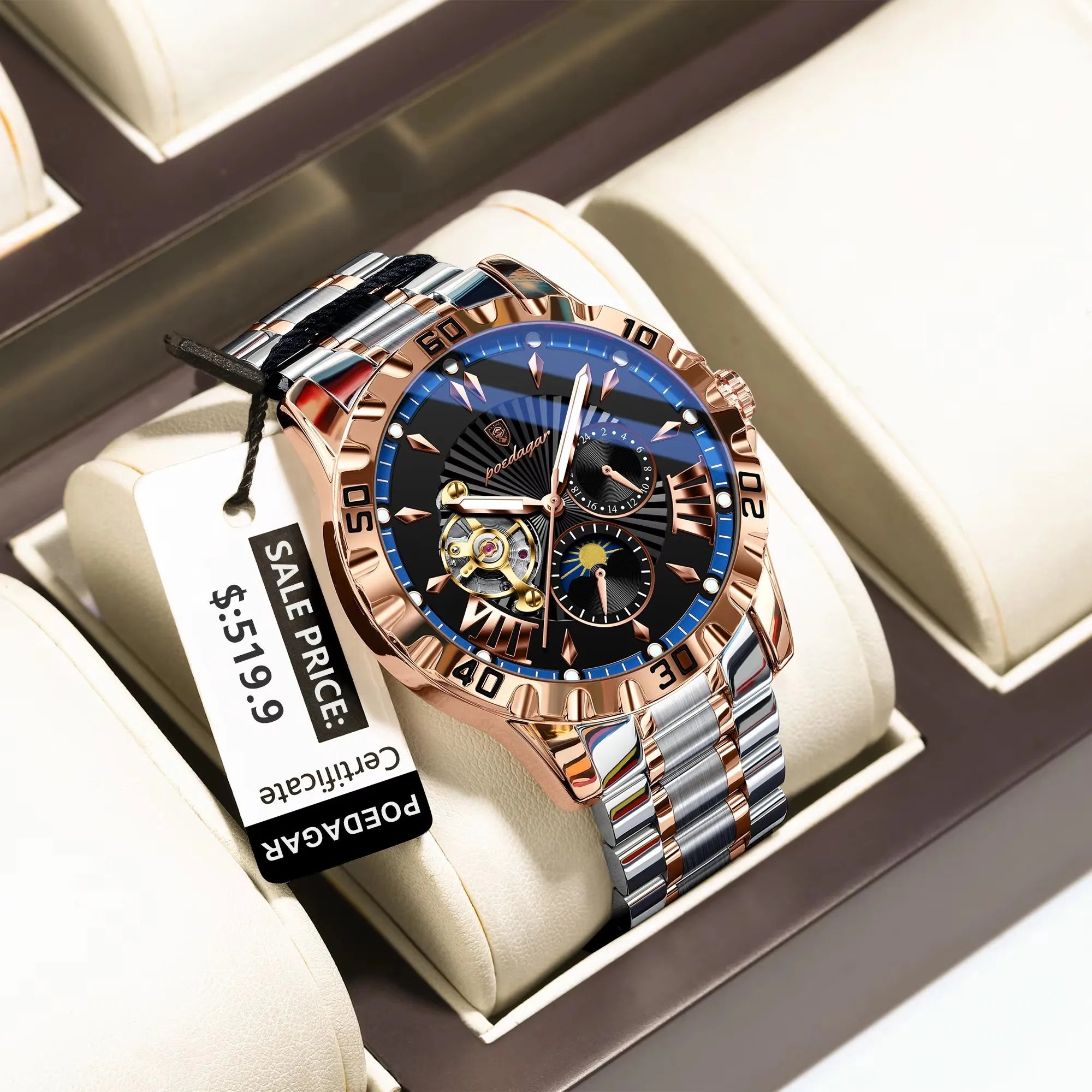 POEDAGAR 1415 Mechanical Watch Multi-functional Moon Phase Original Stainless Steel Automatic Luminous Waterproof Men's Watches