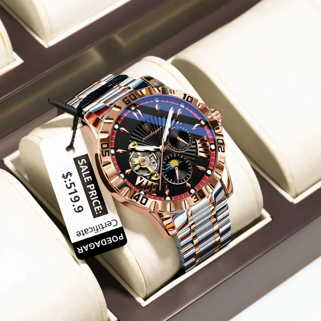 POEDAGAR 1415 Mechanical Watch Multi-functional Moon Phase Original Stainless Steel Automatic Luminous Waterproof Men's Watches