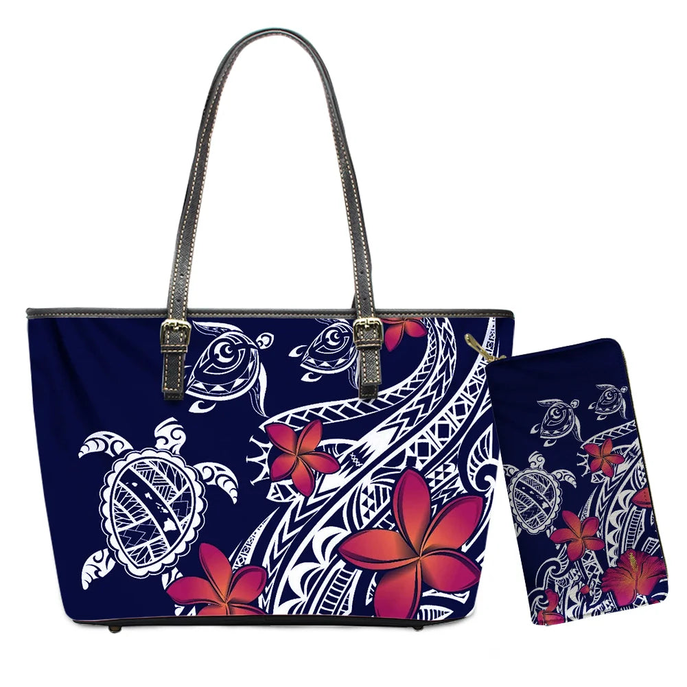 Hawaiian Flower Polynesian Design Print Women Handbags and Purses Set Customized Large Leather Tote Matching Long Zipper Wallet