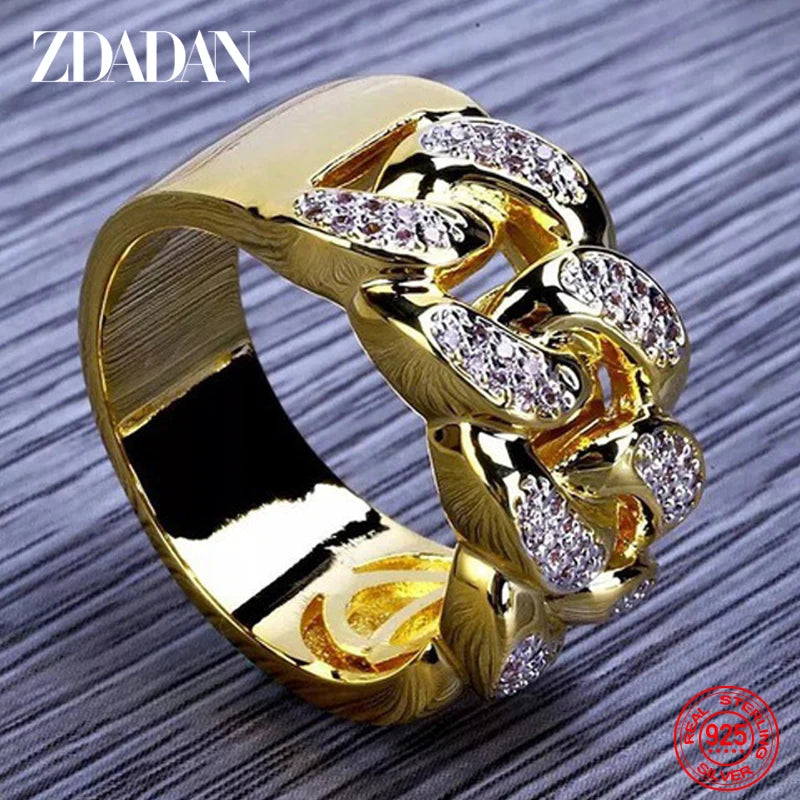 ZDADAN 925 Sterling Silver 18K Gold Zircon Ring For Men Women Fashion Jewelry Party Gift