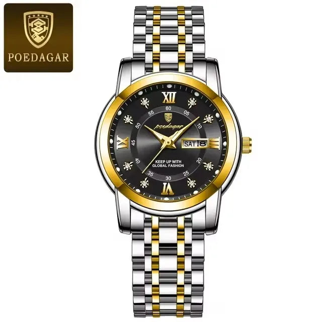 POEDAGAR Women Wristwatch 769 Luxury Diamond Quartz Ladies Watch Waterproof Stainless Steel Luminous Date Week Women's Watches