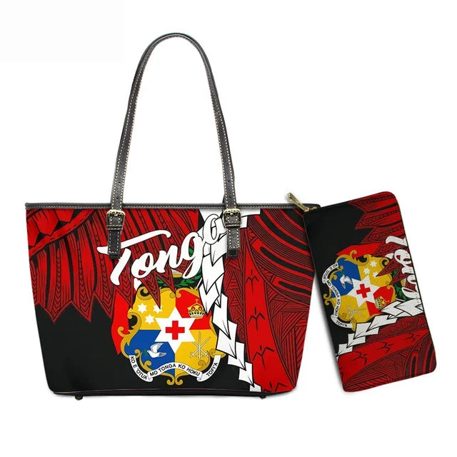 Hawaiian Flower Polynesian Design Print Women Handbags and Purses Set Customized Large Leather Tote Matching Long Zipper Wallet