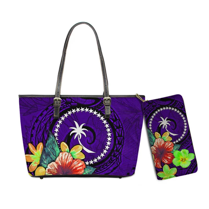 Hawaiian Flower Polynesian Design Print Women Handbags and Purses Set Customized Large Leather Tote Matching Long Zipper Wallet