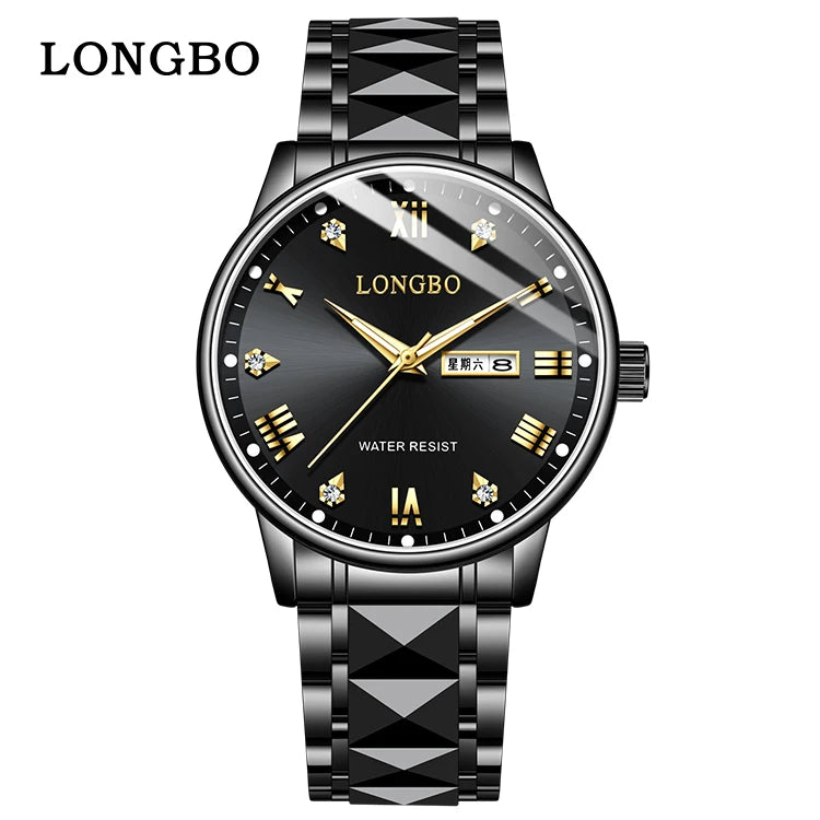 LONGBO 83702 New Arrival Quartz Men Watch Fashion Classic Stainless Steel Diamond Dial Gold Belt Dual Calendar for Men's Watches