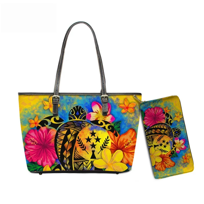Hawaiian Flower Polynesian Design Print Women Handbags and Purses Set Customized Large Leather Tote Matching Long Zipper Wallet