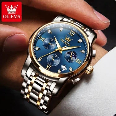 OLEVS 2858 Moon Phase Men's Watches Chic Top Original Quartz Wrist Clock Waterproof Chronograph Stainless Steel Watch for Men