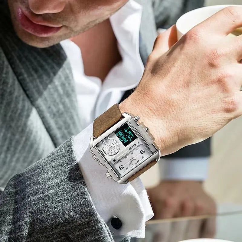 FELCE FK030 Analog Quartz Watches Big Square Dial Digital LED Waterproof Wristwatch Business Leather Strap Men's Watches for Men