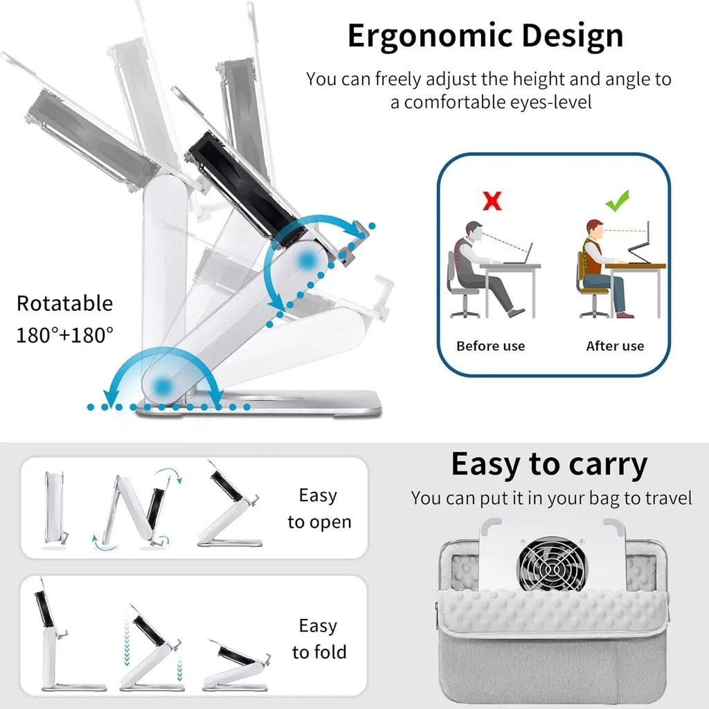 Metal Adjustable Laptop Stand 360 Degree Rotating Laptop Cooling Stand Foldable Laptop Riser Stand with Double Fans