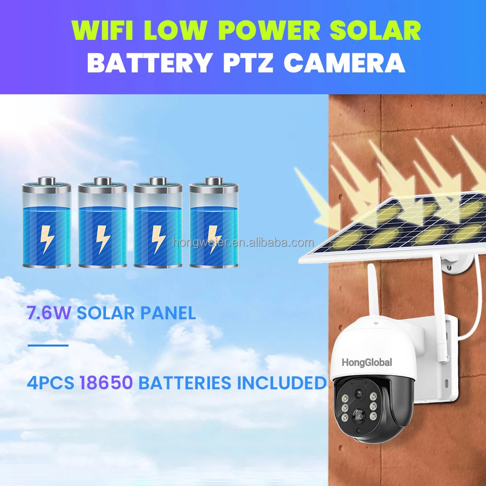 HongGlobal 4MP 360 Degree Outdoor Solar Powered Waterproof Wireless Surveillance WiFi PTZ Camera Solar CCTV Home Security Camera