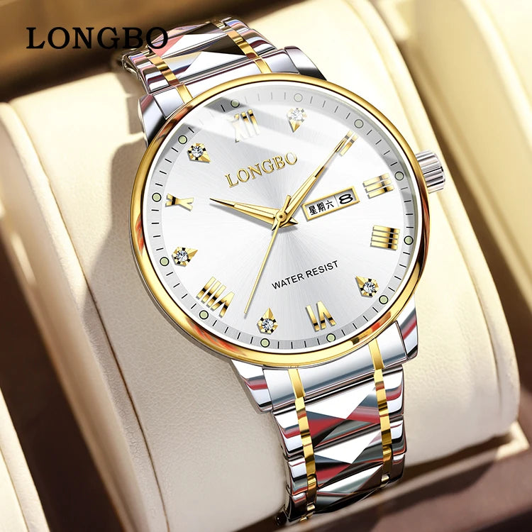 LONGBO 83702 New Arrival Quartz Men Watch Fashion Classic Stainless Steel Diamond Dial Gold Belt Dual Calendar for Men's Watches
