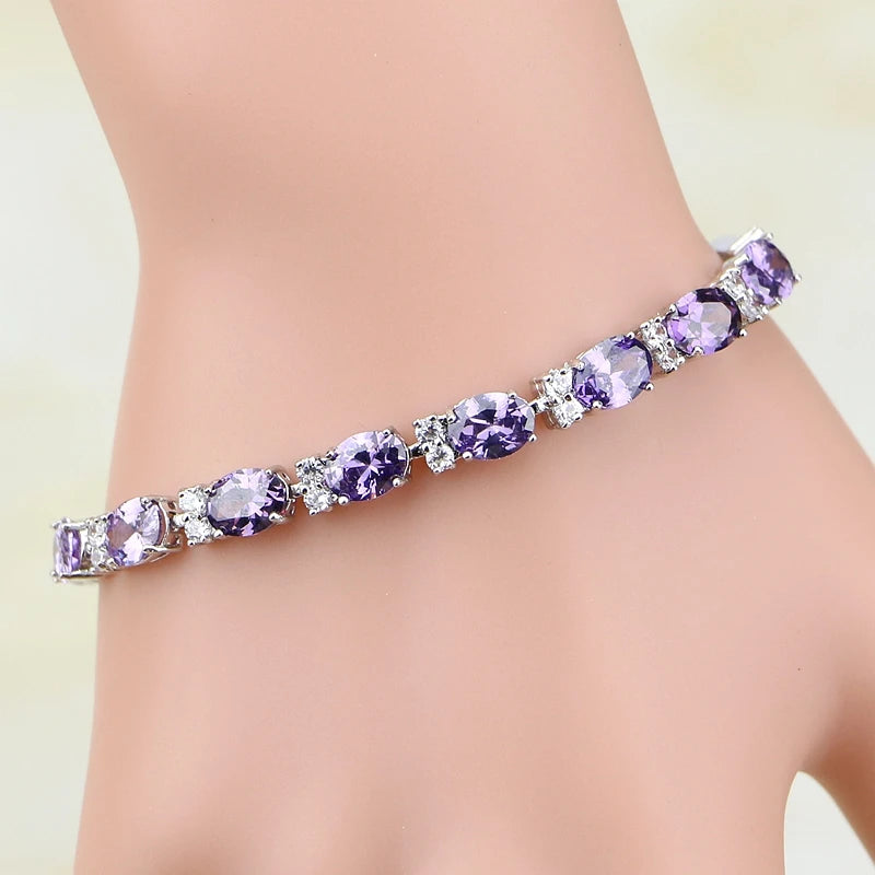 925 Sterling Silver Jewelry Purple Zircon White CZ Charm Bracelets For Women Free Gift Box&Shipping S097