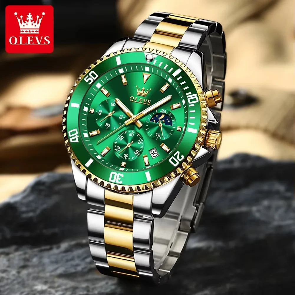 OLEVS 2870 Luxury Quartz Watch for Men Stainless Steel Waterproof Top Men's Watches Moon Phase Date Chronograph Sports Man Watch