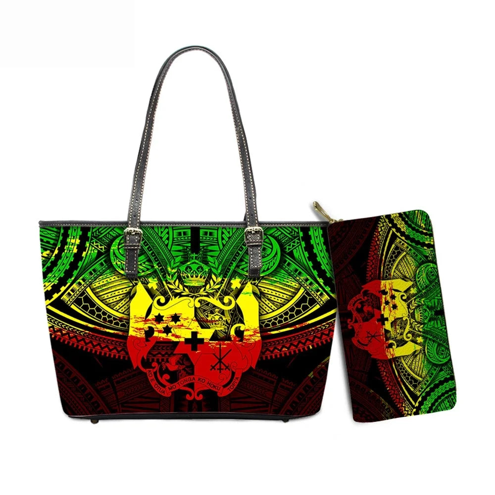 Hawaiian Flower Polynesian Design Print Women Handbags and Purses Set Customized Large Leather Tote Matching Long Zipper Wallet