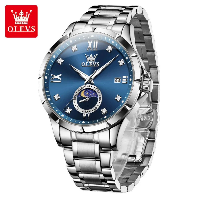 OLEVS 2956 Moon-Phase Wristwatch New Luxury Men's Watches Business Quartz Men Date Fashion Waterproof Stainless Steel Belt Watch