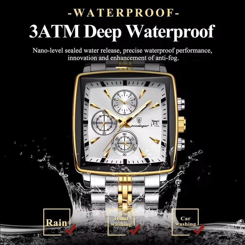 POEDAGAR 866 Fashion Square Sport Man Wristwatch Waterproof Luminous Chronograph Quartz Men's Watches Stainless Steel Men Watch