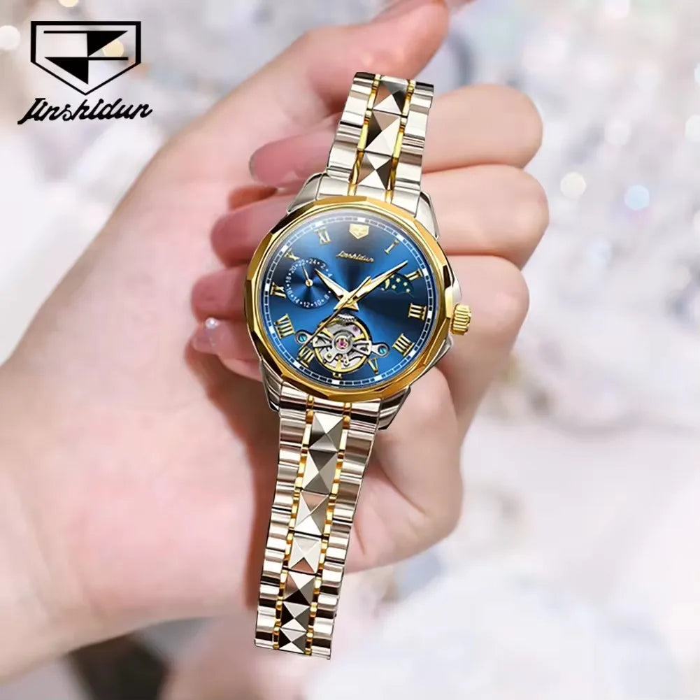 Jsdun 8937 Tungsten and Stainless Steel Wristwatch Moon Phase Automatic Movement Fashion Mechanical Watch Ladies Women's Watches
