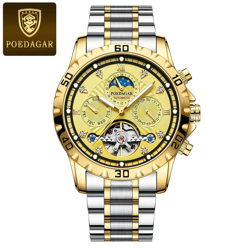 POEDAGAR 1412 Luxury Automatic Mechanical Tourbillon Waterproof Luminous Date Week Men Wristwatch Stainless Steel Men's Watches