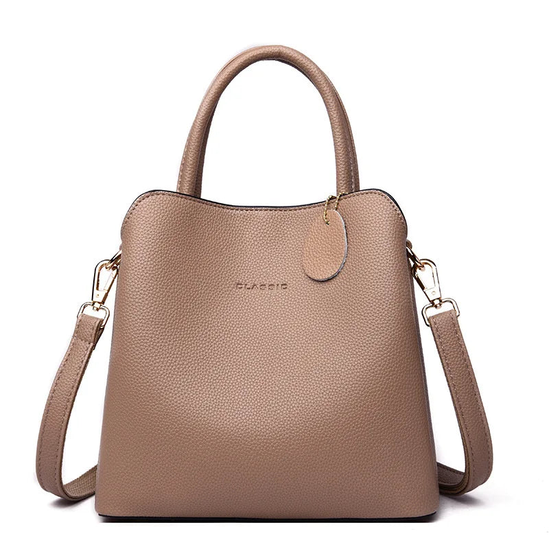 Women's Stylish Casual Tote Bag PU Leather Zipper Closure Three-layer Pockets Crossbody Shoulder Strap 2024